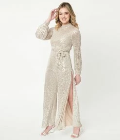 Aakaa Sale Silver Sequin Split Leg Jumpsuit