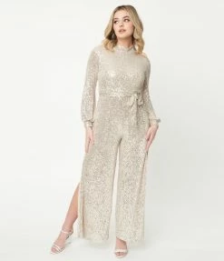 Aakaa Sale Silver Sequin Split Leg Jumpsuit