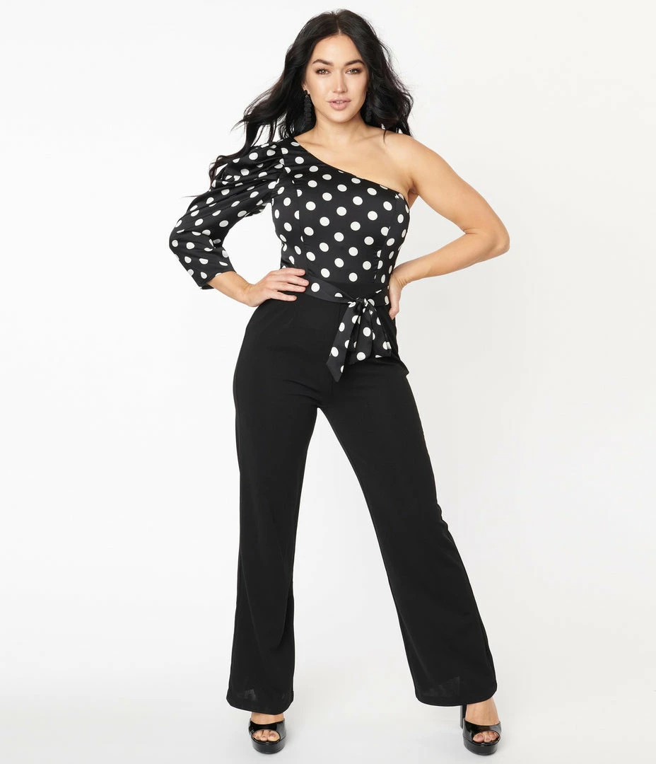 Lulumari Sale Black & White Polka Dot One Shoulder Jumpsuit