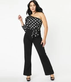 Lulumari Sale Black & White Polka Dot One Shoulder Jumpsuit