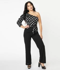 Lulumari Sale Black & White Polka Dot One Shoulder Jumpsuit