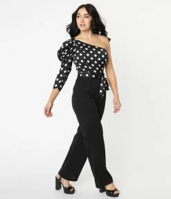 Lulumari Sale Black & White Polka Dot One Shoulder Jumpsuit
