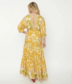 Aakaa Avocado & Mustard Floral Maxi Dress Sale