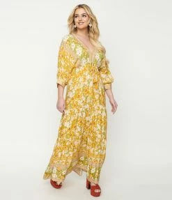Aakaa Avocado & Mustard Floral Maxi Dress Sale