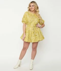 Aakaa Lime Green Floral Fit & Flare Dress Sale