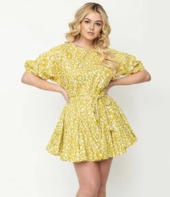 Aakaa Lime Green Floral Fit & Flare Dress Sale