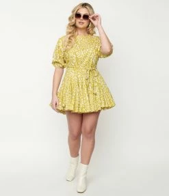 Aakaa Lime Green Floral Fit & Flare Dress Sale