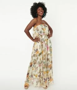 Aakaa Champagne & Multicolor Floral Print Strapless Maxi Dress Sale