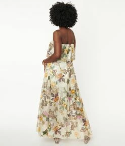 Aakaa Champagne & Multicolor Floral Print Strapless Maxi Dress Sale