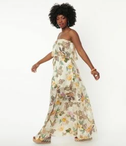 Aakaa Champagne & Multicolor Floral Print Strapless Maxi Dress Sale