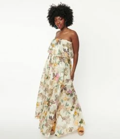 Aakaa Champagne & Multicolor Floral Print Strapless Maxi Dress Sale