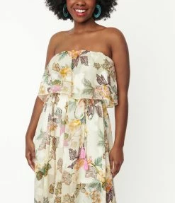 Aakaa Champagne & Multicolor Floral Print Strapless Maxi Dress Sale