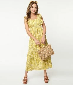 Aakaa Sale Lime Yellow Floral Midi Dress