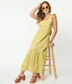 Aakaa Sale Lime Yellow Floral Midi Dress