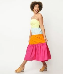 Aakaa Rainbow Color Block Tiered Midi Dress