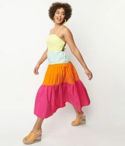 Aakaa Rainbow Color Block Tiered Midi Dress