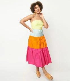 Aakaa Rainbow Color Block Tiered Midi Dress