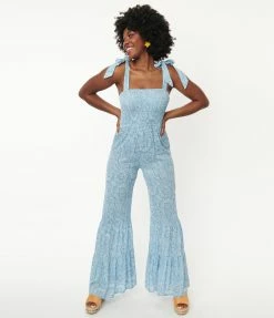 Aakaa Blue & White Paisley Print Smocked Jumpsuit