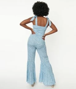 Aakaa Blue & White Paisley Print Smocked Jumpsuit