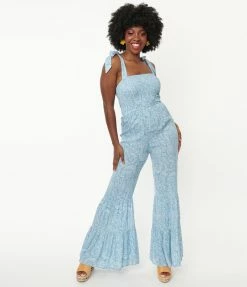 Aakaa Blue & White Paisley Print Smocked Jumpsuit