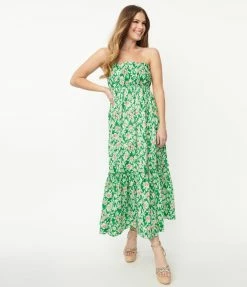 Aakaa Green & Pink Floral Strapless Maxi Dress Sale