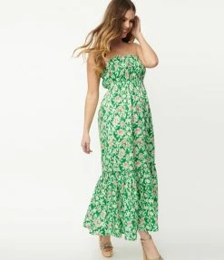 Aakaa Green & Pink Floral Strapless Maxi Dress Sale