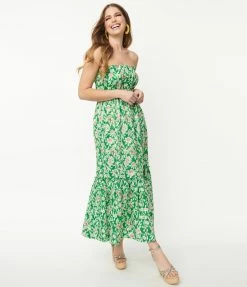 Aakaa Green & Pink Floral Strapless Maxi Dress Sale