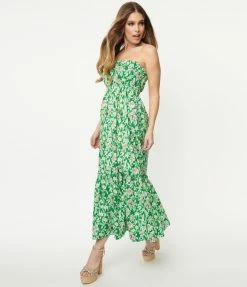 Aakaa Green & Pink Floral Strapless Maxi Dress Sale