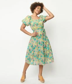 Aakaa Yellow & Green Floral Tiered Midi Dress Sale