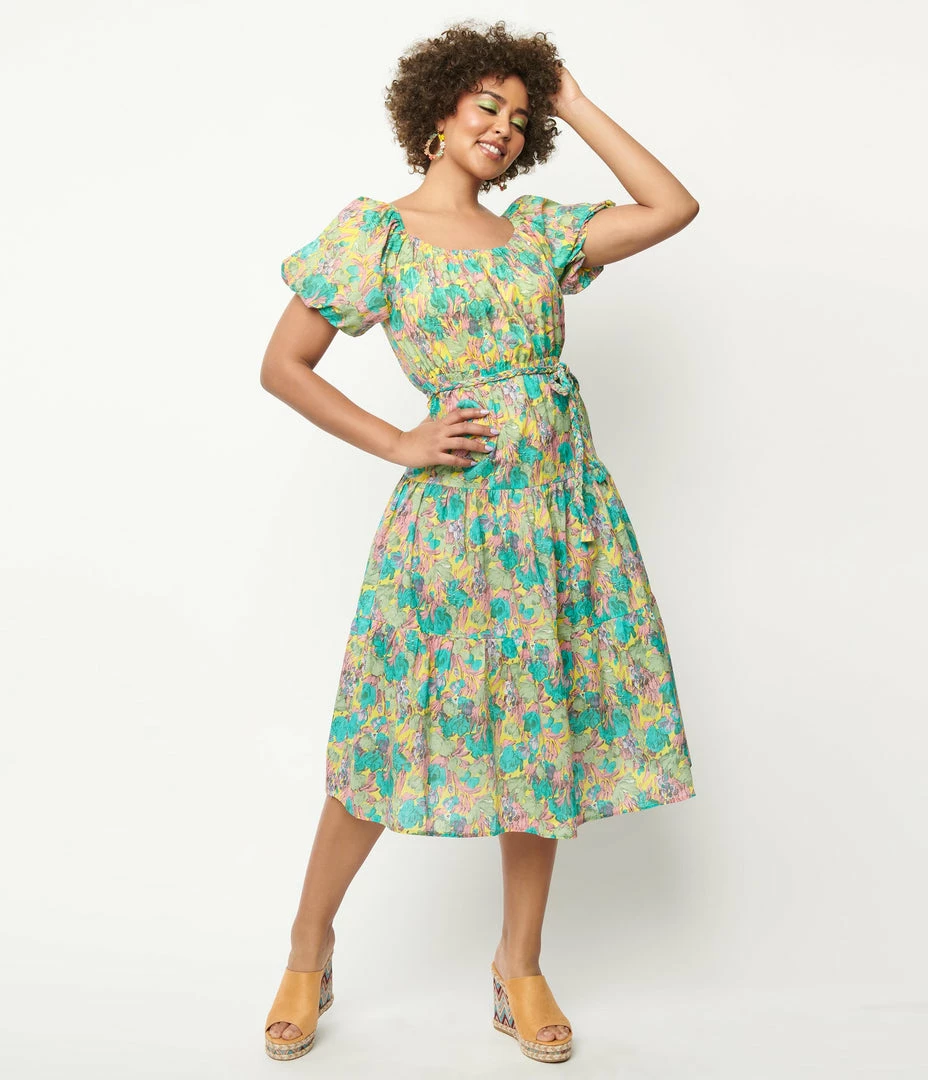 Aakaa Yellow & Green Floral Tiered Midi Dress Sale