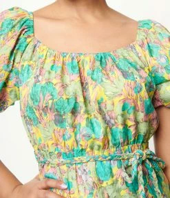 Aakaa Yellow & Green Floral Tiered Midi Dress Sale