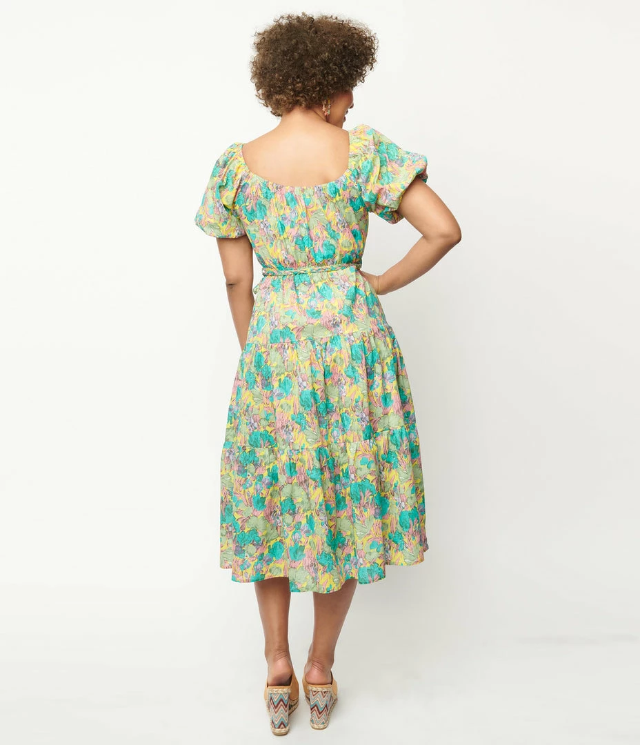 Aakaa Yellow & Green Floral Tiered Midi Dress Sale