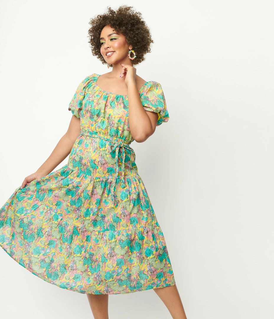 Aakaa Yellow & Green Floral Tiered Midi Dress Sale