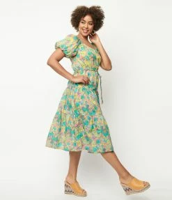 Aakaa Yellow & Green Floral Tiered Midi Dress Sale