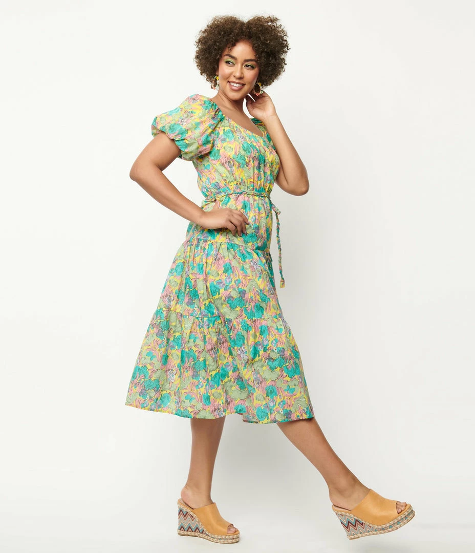 Aakaa Yellow & Green Floral Tiered Midi Dress Sale