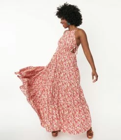 Aakaa Sale Pink & Red Floral Tiered Maxi Dress