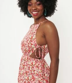 Aakaa Sale Pink & Red Floral Tiered Maxi Dress