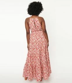 Aakaa Sale Pink & Red Floral Tiered Maxi Dress