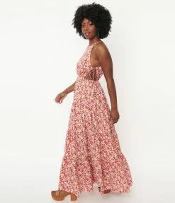 Aakaa Sale Pink & Red Floral Tiered Maxi Dress