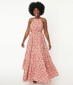 Aakaa Sale Pink & Red Floral Tiered Maxi Dress