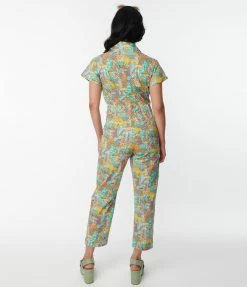 Blue Platypus Teal Mushroom Garden Print Jumpsuit