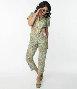 Blue Platypus Teal Mushroom Garden Print Jumpsuit