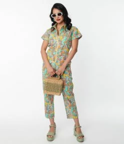 Blue Platypus Teal Mushroom Garden Print Jumpsuit