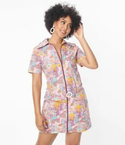 Blue Platypus Pink Mushroom Garden Print Mini Dress Sale