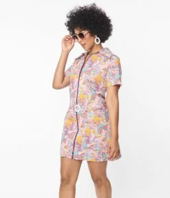 Blue Platypus Pink Mushroom Garden Print Mini Dress Sale