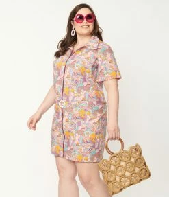 Blue Platypus Plus Size Pink Mushroom Garden Print Mini Dress Sale