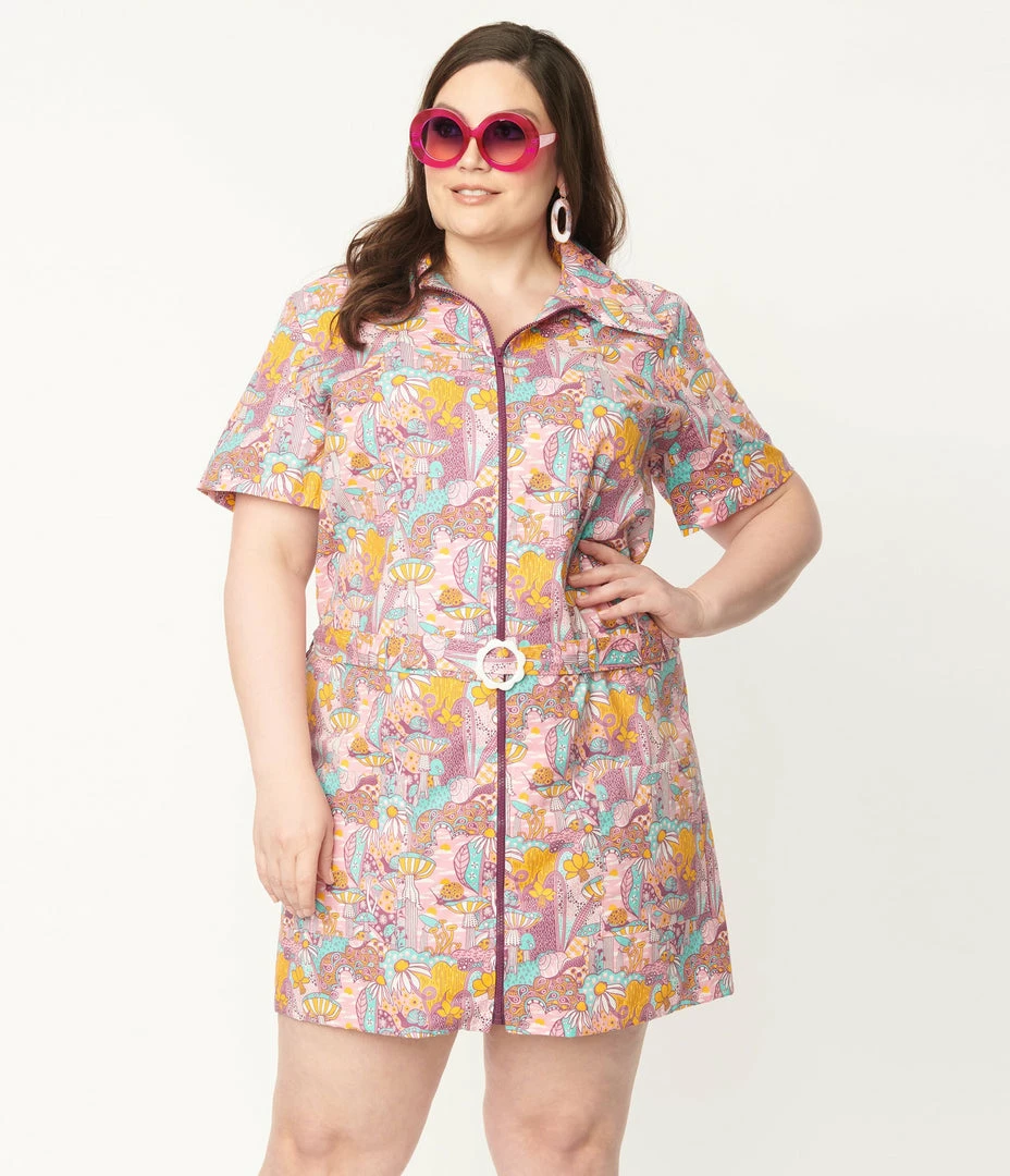 Blue Platypus Plus Size Pink Mushroom Garden Print Mini Dress Sale