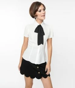 Smak Parlour White & Bow Ties Power Play Blouse Clothing