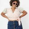 Unique Vintage Plus Size White & Peach Butterfly Burnout Wrap Crop Top