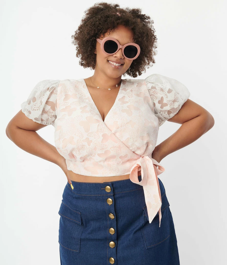 Unique Vintage Plus Size White & Peach Butterfly Burnout Wrap Crop Top